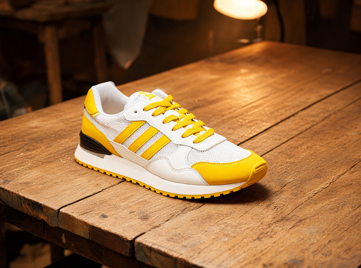 A sneaker on a workshop desk after the cleanup, shavings, tools and cables removed by GPT Image 2