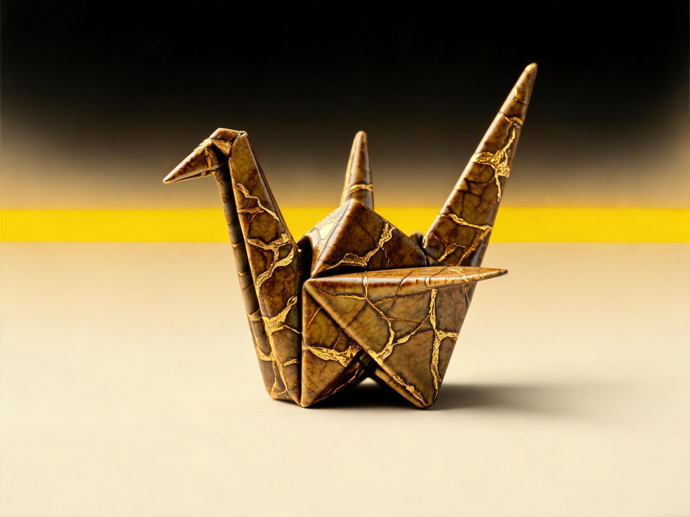 The origami crane rebuilt in gold-cracked glaze on the striped palette, blended from three reference images with Seedream on Imgica AI