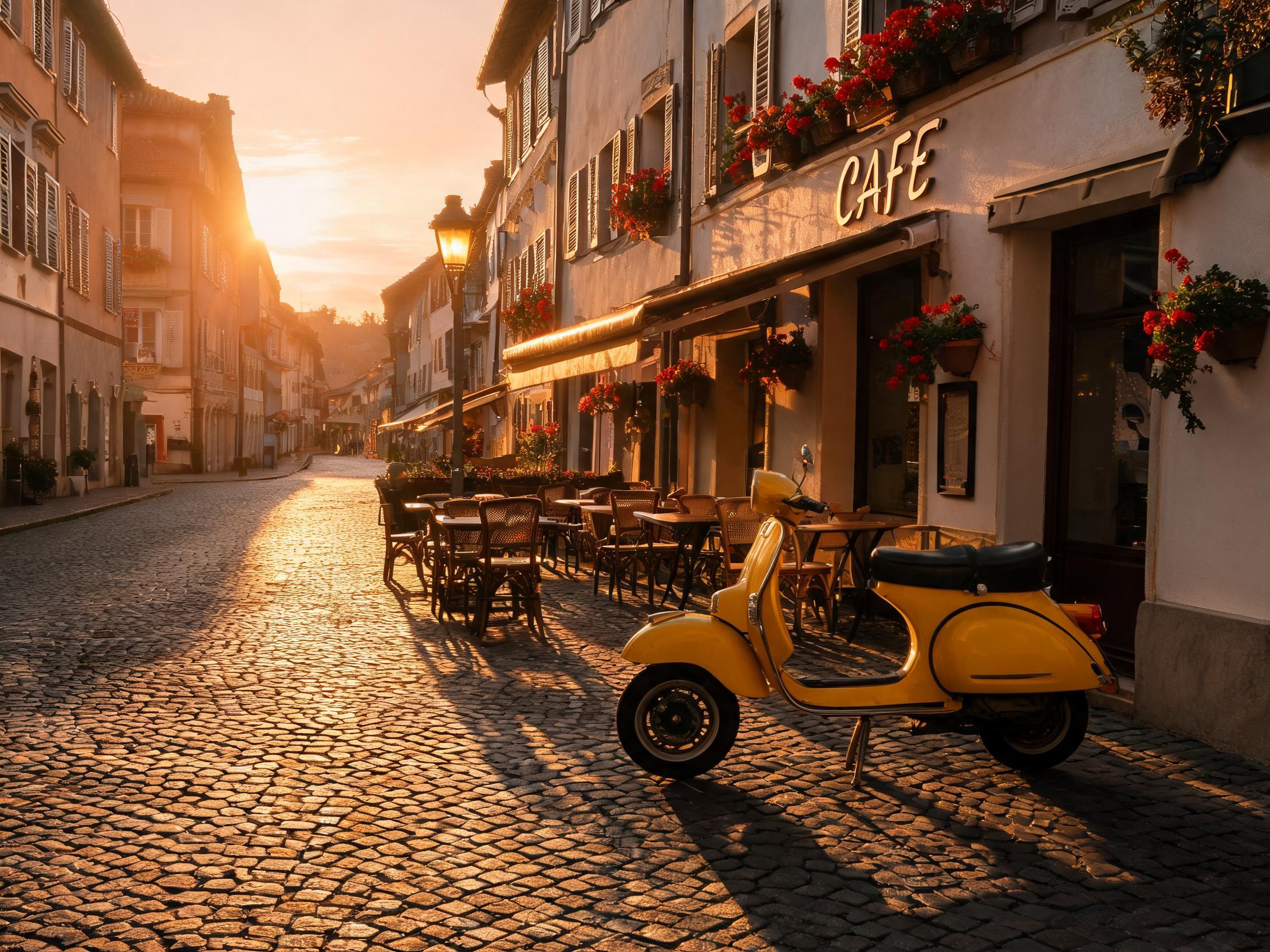 A street scene with a yellow scooter, before the AI edit
