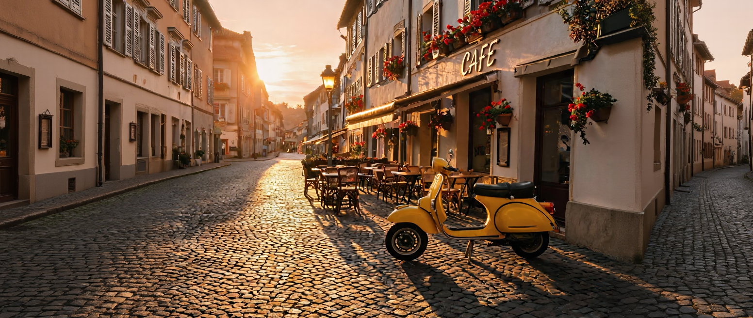 A cobbled street at sunset grown out to a 21:9 frame by EA Edit